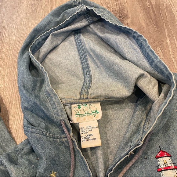 Vintage Quacker Factory Denim Full Zip Hooded Embroidered Lighthouse Top Large - Picture 6 of 8